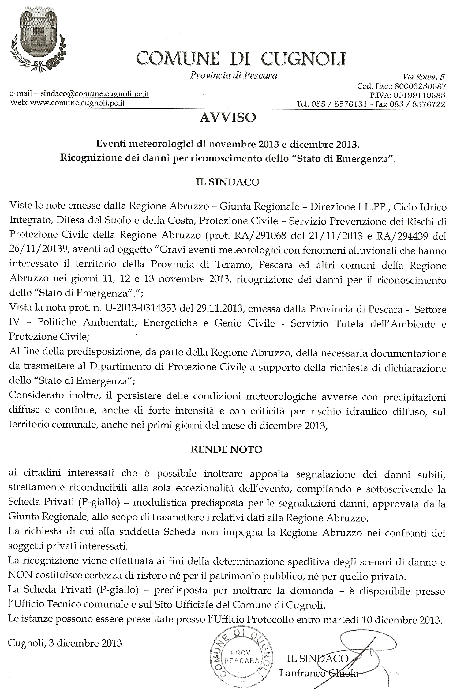 Eventi meteorologici novembre e dicembre 2013. Ricognizione dei danni